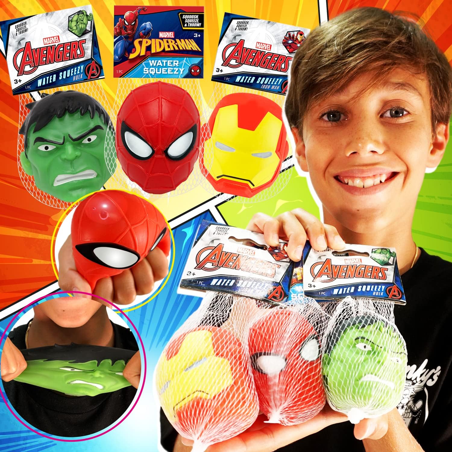 JA-RU Marvel Avengers Superhero Stretchy Squishy Stress Ball - Hulk, Spider-Man & Iron Man Fidget Toy for Kids & Adults (1 Ball, Random)