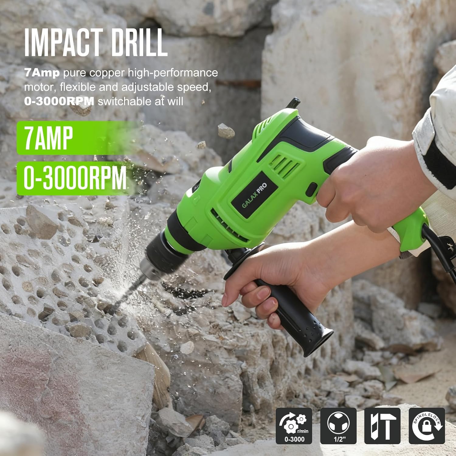 GALAX PRO 7A 850W 2-in-1 Hammer Drill - Variable Speed 0-3000 RPM, 13mm Metal Chuck, 360° Auxiliary Handle, 13 Pc Bit Set for Concrete, Metal & Wood