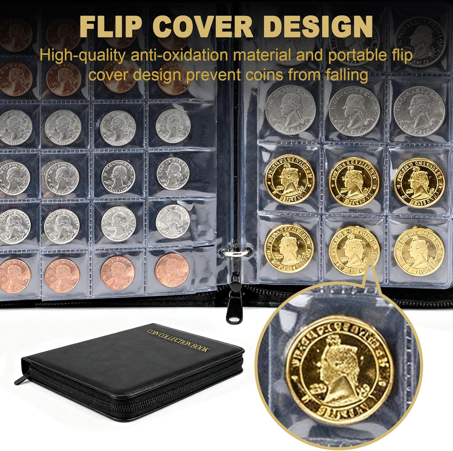 Premium 360 Pockets Coin Collection Book - Fireproof Album Holder with Anti-Static Sleeves for Numismatic Collectors (17-30mm Coins) - Black