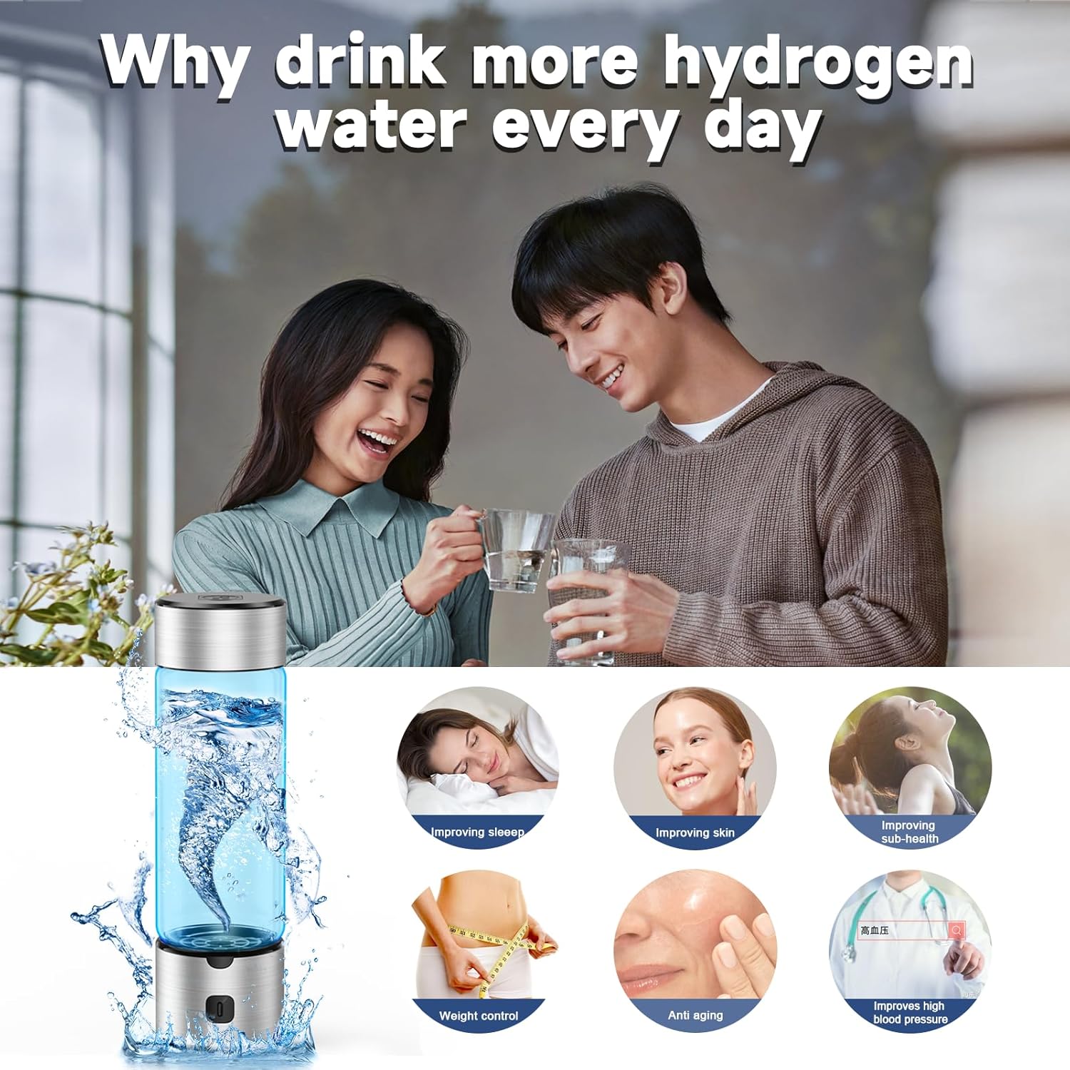 Hydrogen Water Bottle Generator - 460ml Rechargeable Hydrogen-Rich Water Maker with SPE/PEM Technology for Family Health & Wellness