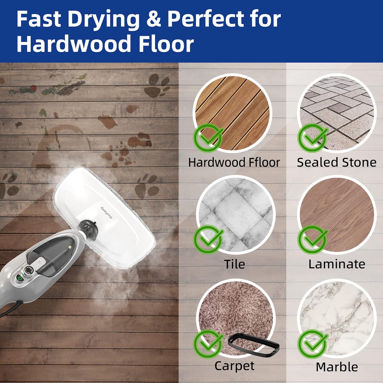 GorFanty 10-in-1 Multi-Purpose Steam Mop - Fast Heat Handheld Floor Steamer for Hardwood, Tile, Laminate & Carpet with 11 Accessories