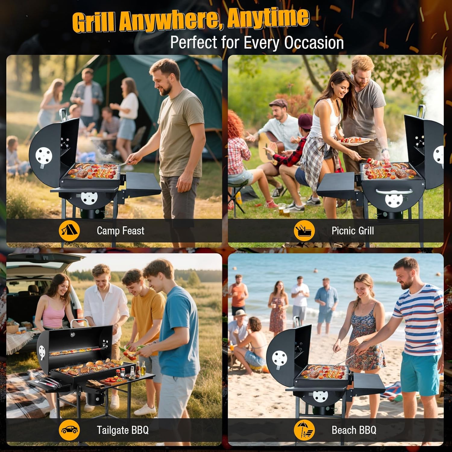 Premium 36-Inch Barrel Charcoal Grill & Smoker Combo with Side Table - 589 sq in Cooking Space, Temperature Control, Easy Mobility for Backyard, Patio, Camping