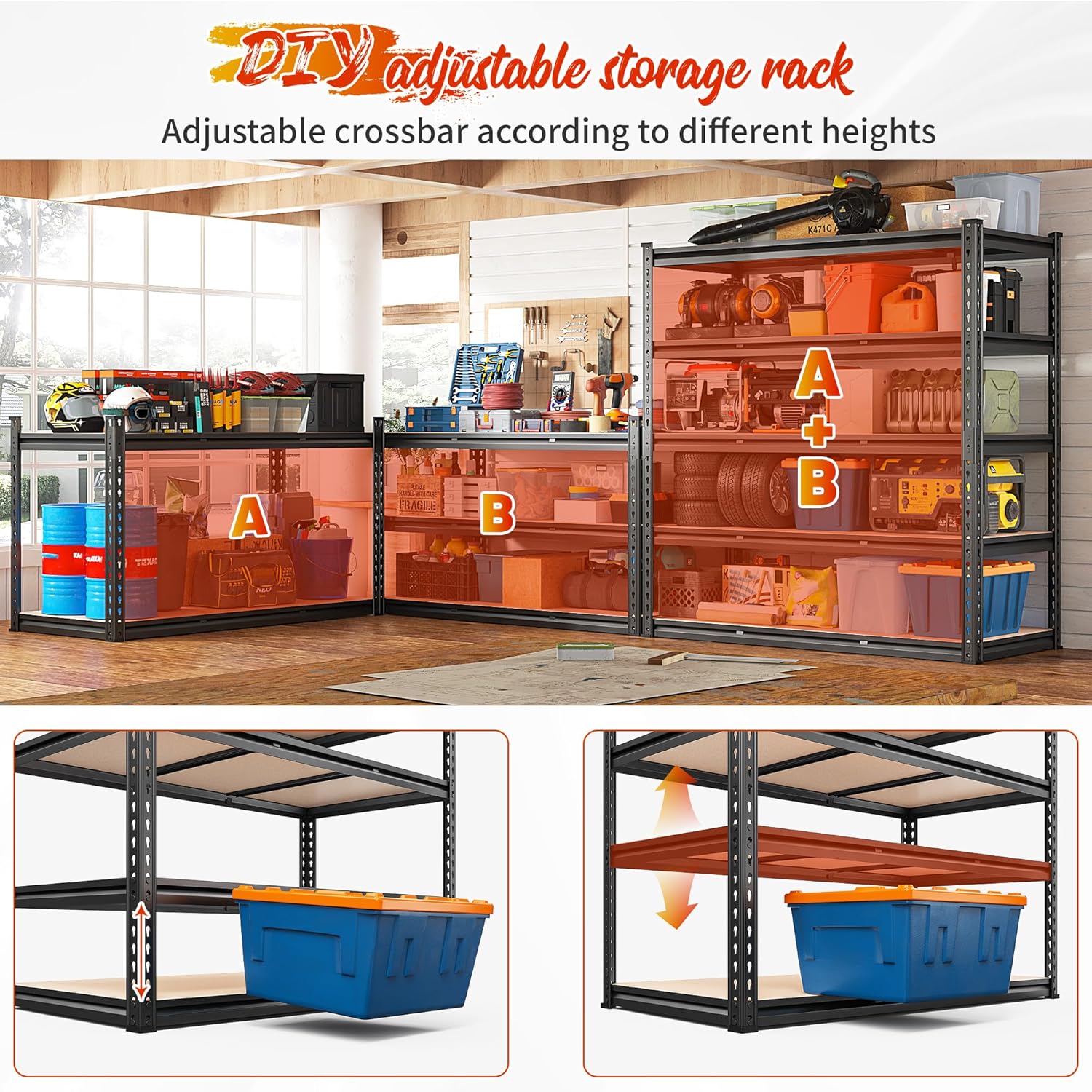 reibii 48" w x 72" h heavy duty garage shelving - 5-tier industrial metal storage shelf, 3020 lbs capacity, adjustable for garage, basement, warehouse, commercial use