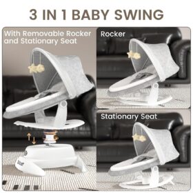 3-in-1 Smart Baby Swing with Motion Detection, Bluetooth Music & 5 Swing Speeds - Portable Electric Rocker for Infants up to 25 lbs (White)