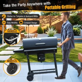 Premium 36-Inch Barrel Charcoal Grill & Smoker Combo with Side Table - 589 sq in Cooking Space, Temperature Control, Easy Mobility for Backyard, Patio, Camping