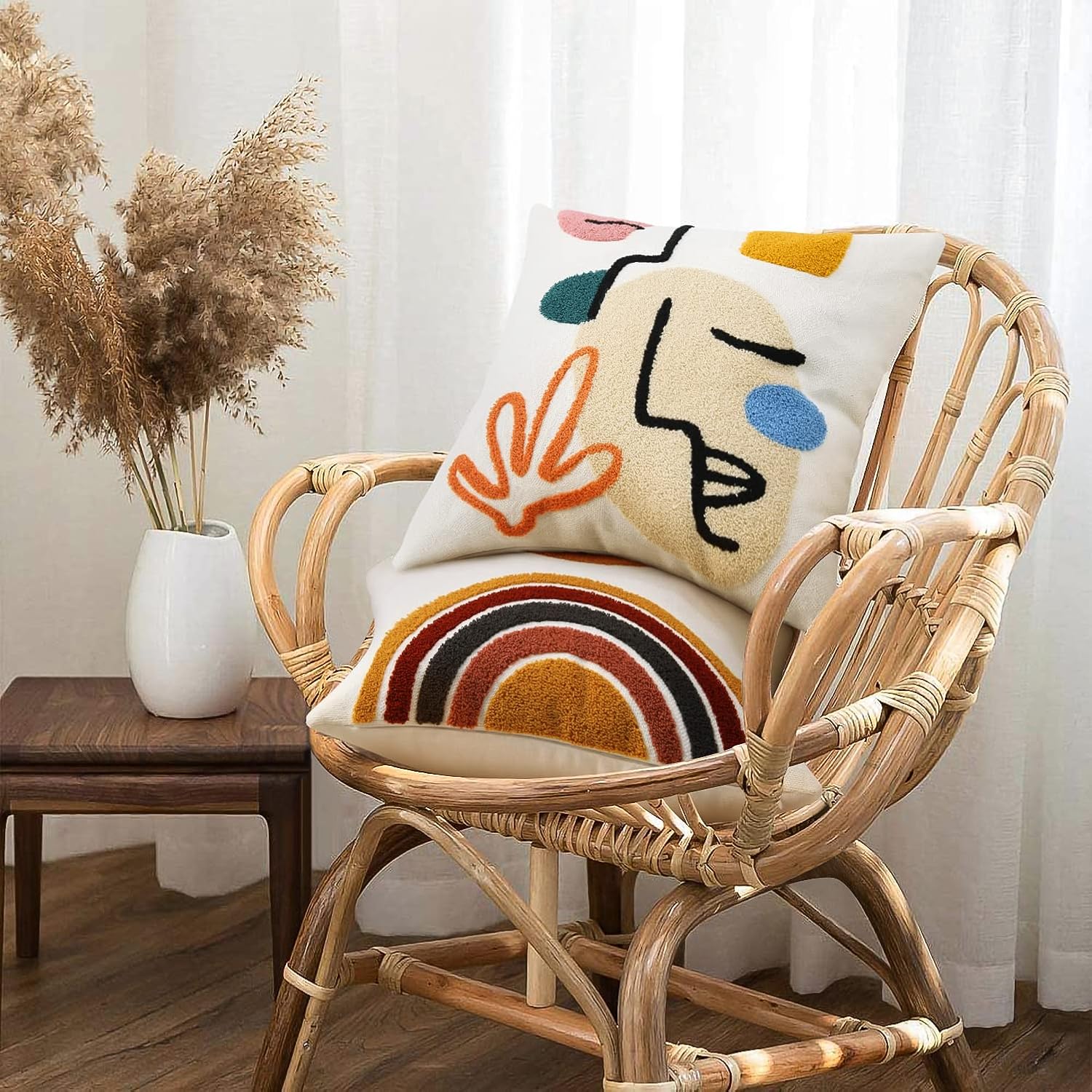 Merrycolor Boho Abstract Pillow Cover - Colorful Woman Face Line Art Decorative Throw Pillow Case, 18x18 Inch Mid Century Modern Bohemian Style for Couch Bed Living Room