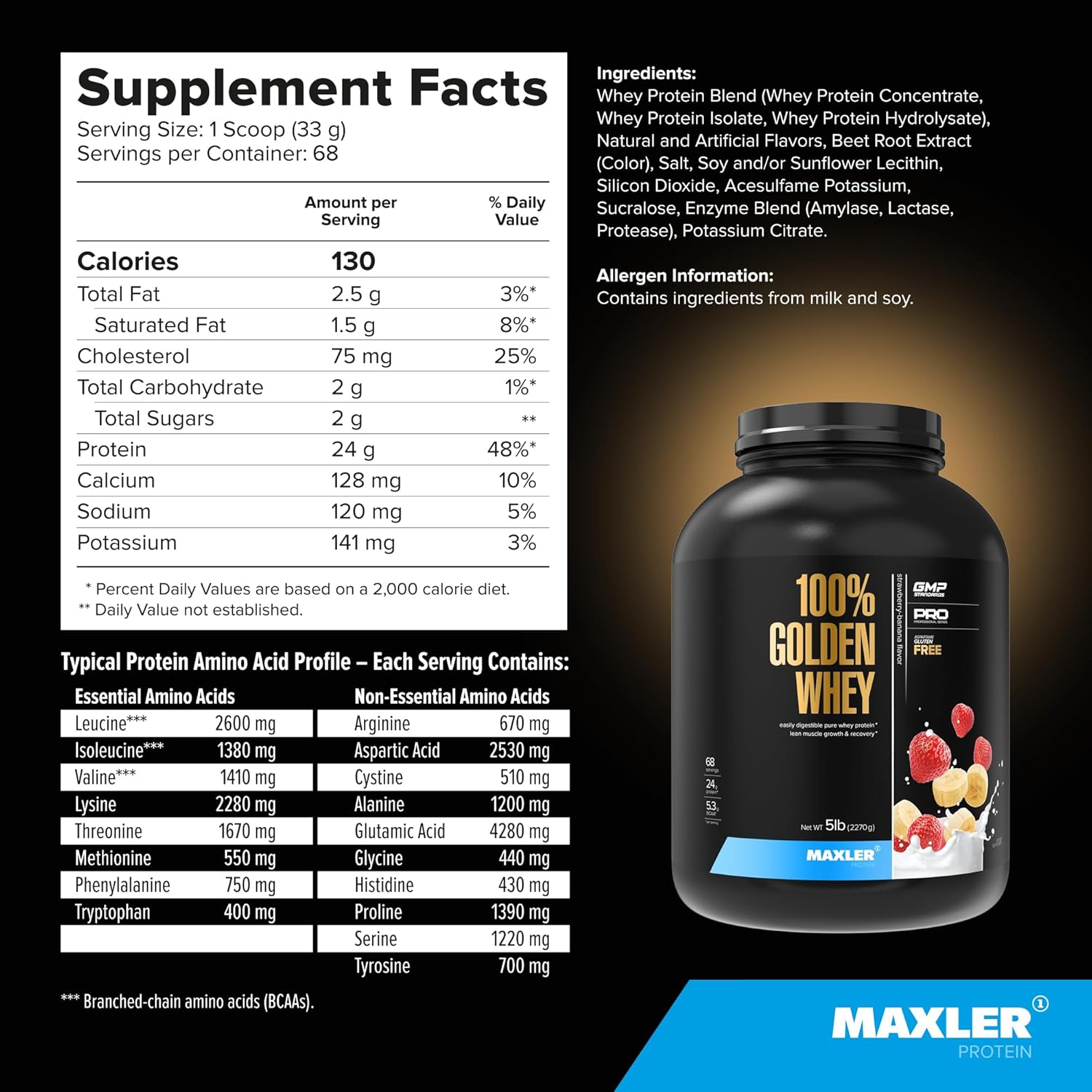 Maxler 100% Golden Whey Protein Powder - 24g Protein Per Serving, Fast-Absorbing Whey Concentrate Isolate & Hydrolysate Blend - Strawberry Banana (5 lb)