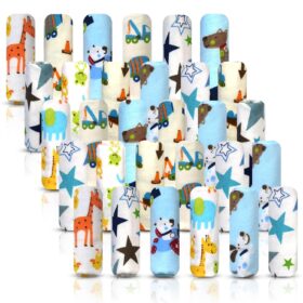 Omilion 30-Pack Baby Washcloths - 100% Cotton Flannel, 7x10 Inch Soft Newborn Washcloth Set with Colorful Animal & Vehicle Designs