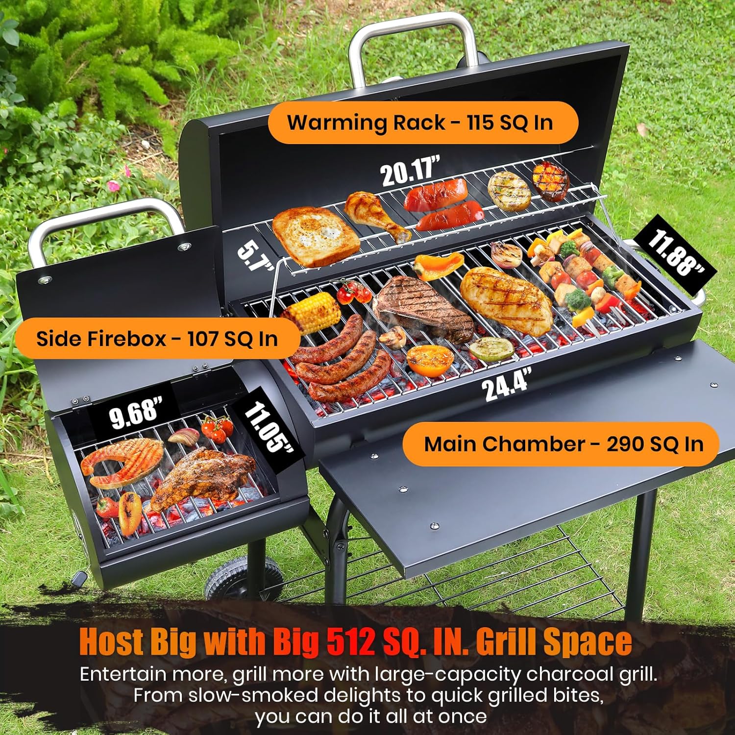Premium Charcoal Grill Offset Smoker Combo - 512 Sq.In. Barrel BBQ with Dual Chambers for Perfect Grilling and Smoking