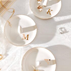 Personalized Ceramic Ring Dish - Elegant Gold Trim Monogram Jewelry Tray for Engagement Wedding Birthday Gifts, White 4.7" x 2.4"