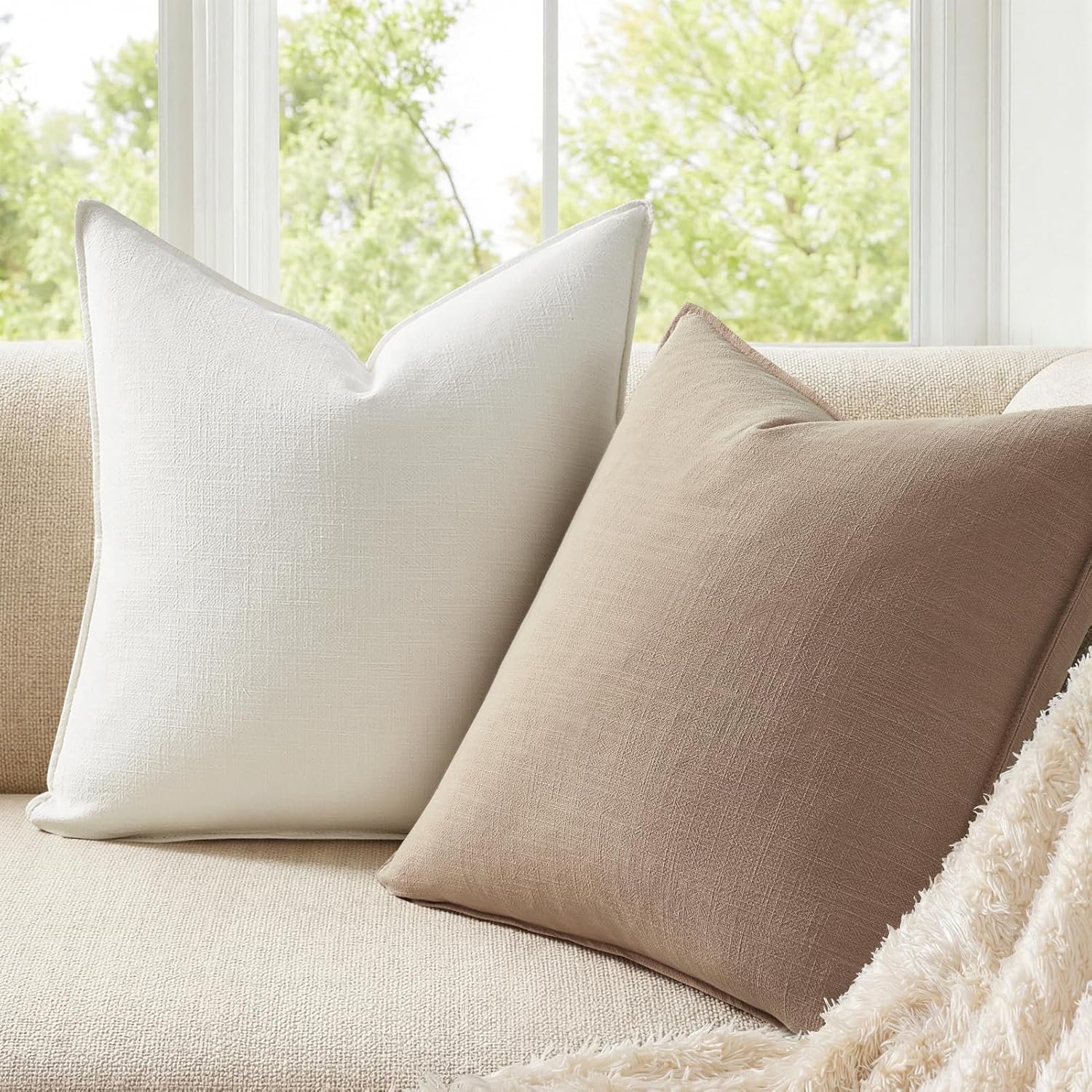 Natural Linen Blend Decorative Throw Pillow Covers - 4 Pack 20x20 inch Solid Color Cushion Cases with Flange Edge for Sofa Bedroom Living Room Farmhouse Home Decor