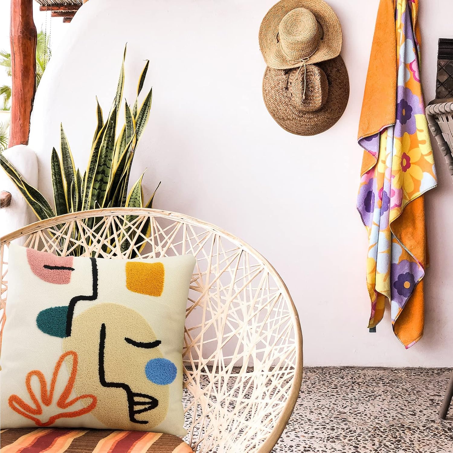 Merrycolor Boho Abstract Pillow Cover - Colorful Woman Face Line Art Decorative Throw Pillow Case, 18x18 Inch Mid Century Modern Bohemian Style for Couch Bed Living Room