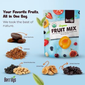 Berrilys Organic Dried Fruit Mix – 1 Lb Bulk Pack of Figs, Apricots, Mulberries, Sultanas & Cherries. Non-GMO, No Sugar Added, Perfect for Healthy Snacking, Baking & Oatmeal