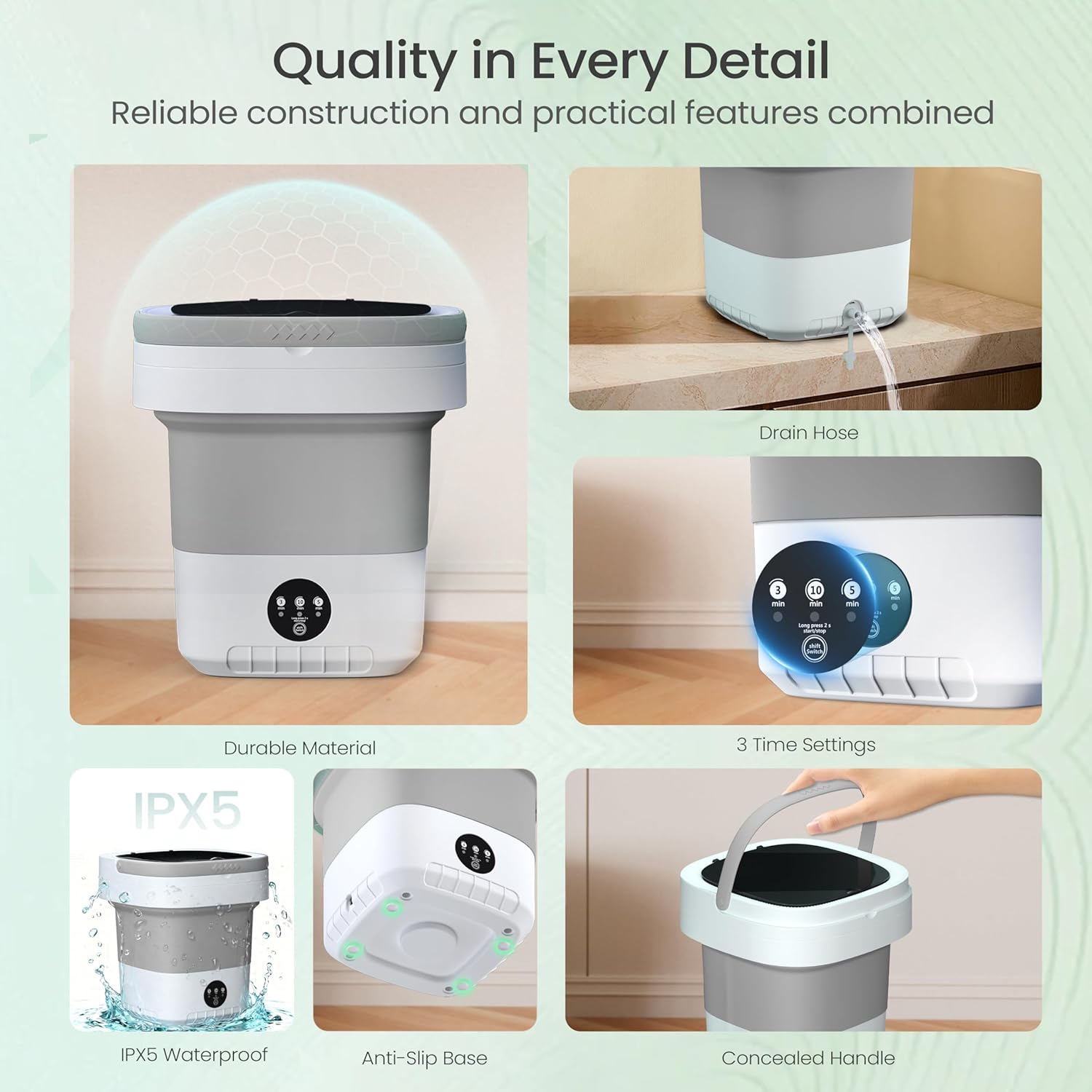 Foldable Portable Washing Machine - 16L Mini Compact Washer with Blue Light Technology, 3 Cleaning Modes, Ideal for Baby Clothes, Delicates, Travel & Small Apartments (Gray)