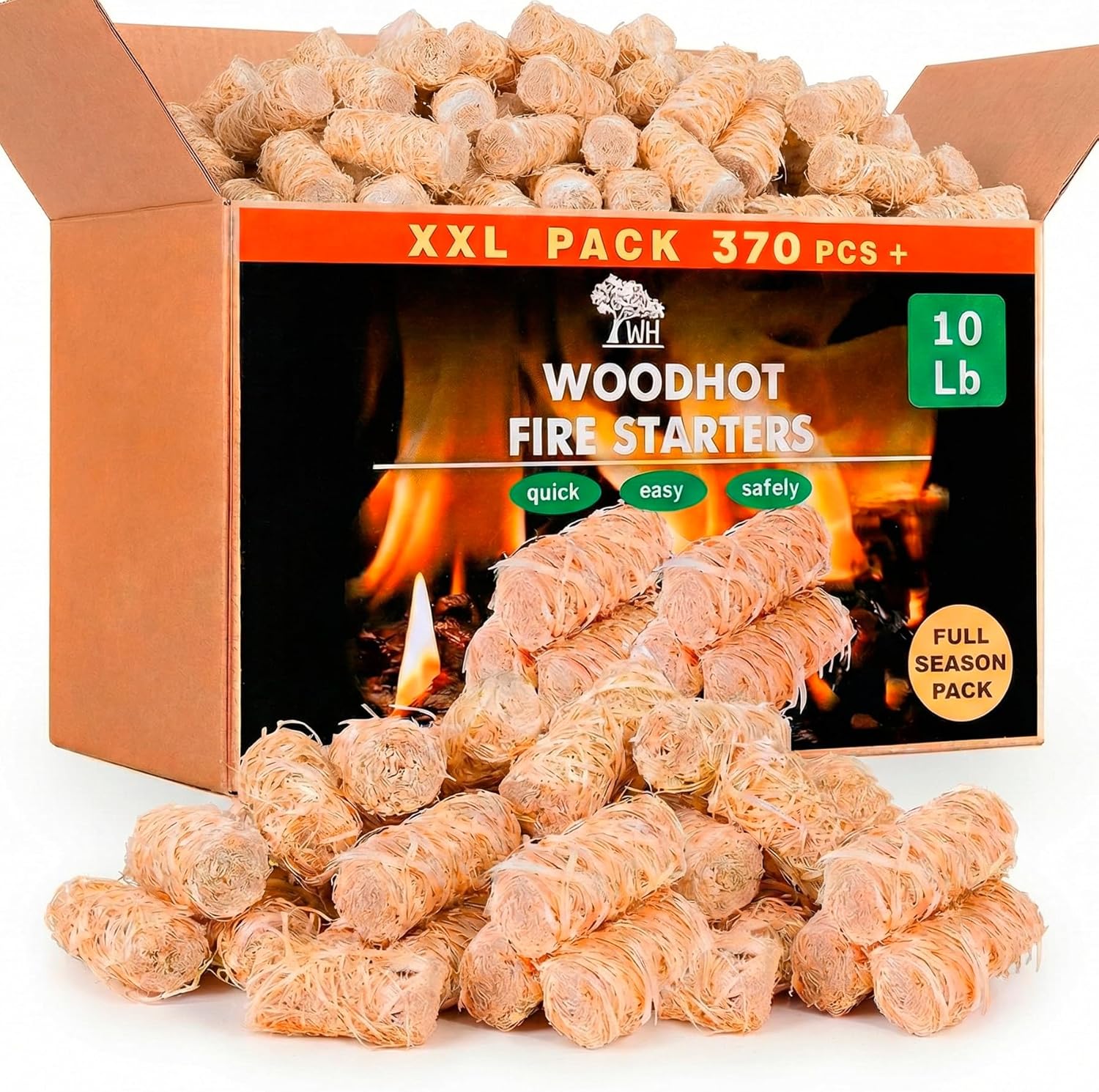 370-Piece Natural Wood Fire Starters - 10lb Box - Long-Burning, Odorless Firestarters for Fireplace, Wood Stove, Chimney, Campfire & Grill