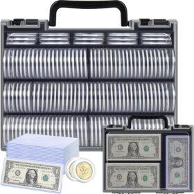 Premium Coin Collection Storage Set - 141 Coin Capsules with 6 Size Foam Gaskets, 20 Hard Currency Sleeves & 200 Soft Bill Holders - Black Collector's Organizer Box