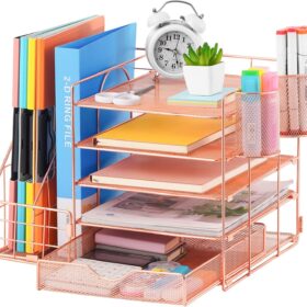 Marbrasse Rose Gold Mesh Desk Organizer - 5-Tier File Tray with Drawer, Vertical Magazine Holder & Pencil Cup for Office Supplies