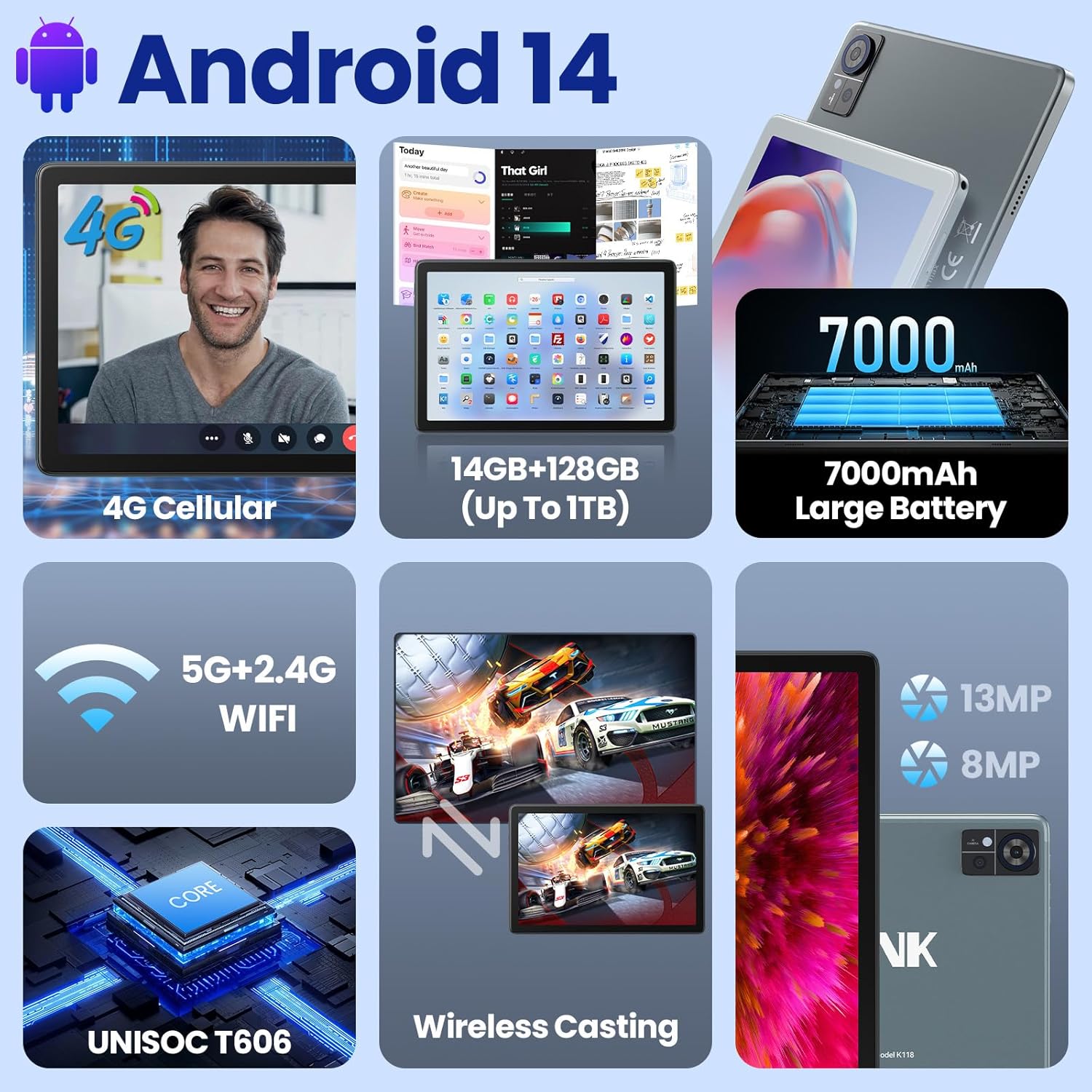 Qukenk Android 14 Tablet 10.1" - 14GB RAM, 128GB ROM, 4G Cellular + 5G WiFi, Octa-Core, 7000mAh Battery, GPS, 13MP+8MP Camera - Expandable to 1TB