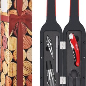 Kato 5-Piece Wine Opener Gift Set - Premium Corkscrew Kit with Aerator Pourer, Stopper & Glass Markers - Elegant Red Box for Valentine's & Gifting