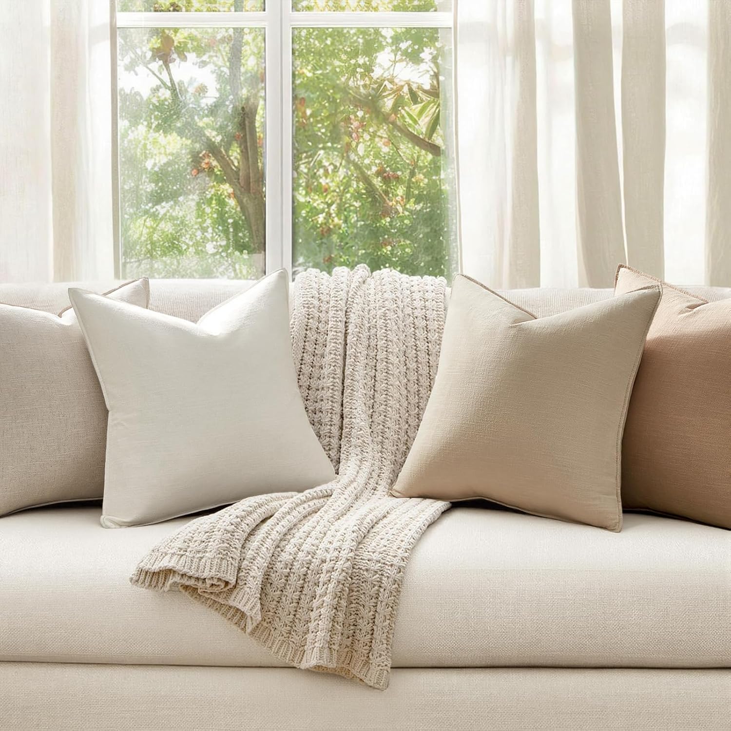 Natural Linen Blend Decorative Throw Pillow Covers - 4 Pack 20x20 inch Solid Color Cushion Cases with Flange Edge for Sofa Bedroom Living Room Farmhouse Home Decor