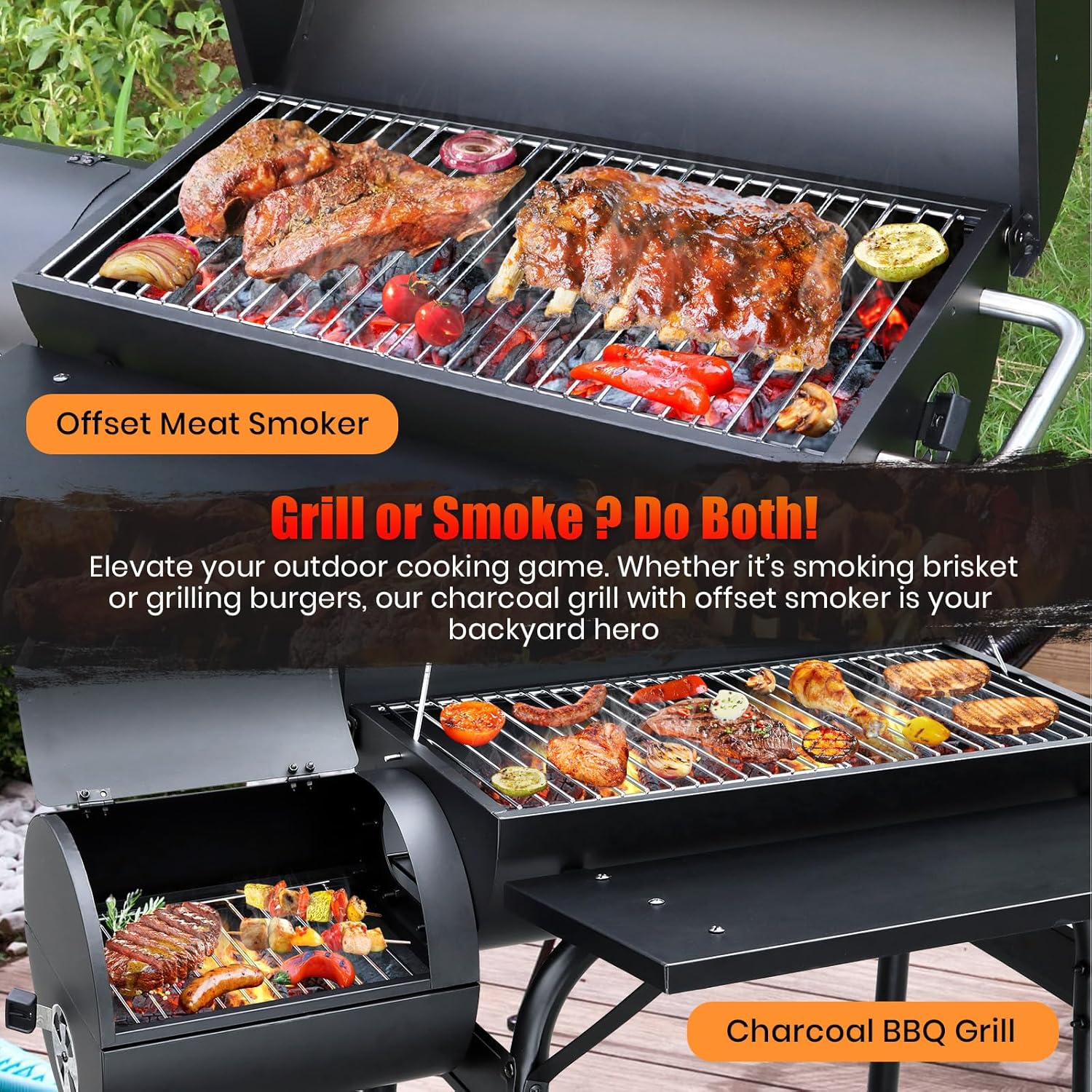 Premium Charcoal Grill Offset Smoker Combo - 512 Sq.In. Barrel BBQ with Dual Chambers for Perfect Grilling and Smoking
