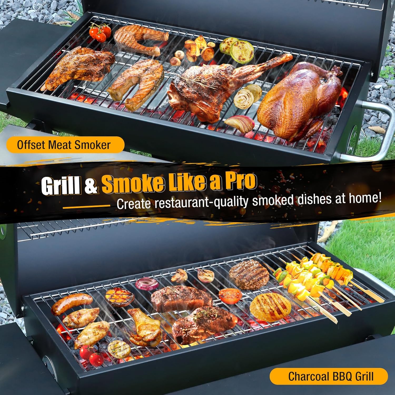 Premium 36-Inch Barrel Charcoal Grill & Smoker Combo with Side Table - 589 sq in Cooking Space, Temperature Control, Easy Mobility for Backyard, Patio, Camping