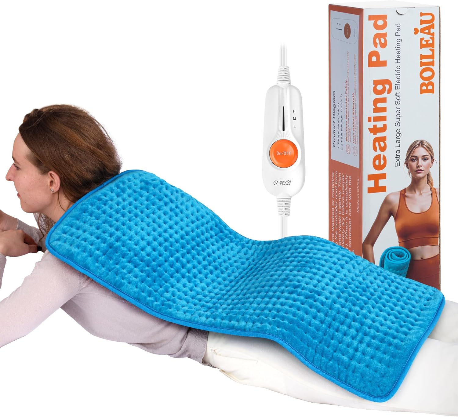 Boileau XL Electric Heating Pad - 17"x33" Extra Large Heat Pad for Back Pain, Period Cramps & Muscle Relief, 3 Temperature Settings, Auto Shut Off, Machine Washable Fleece, Perfect Gift for Women & Mom, Blue