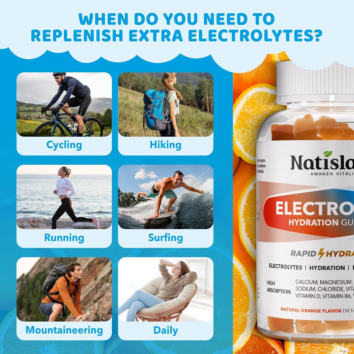NATISLAND Electrolyte Gummies - 60 Chews | Potassium, Magnesium, Calcium, Sodium | Orange Flavor for Runners, Athletes, Kids & Adults - Vegan & Gluten-Free Hydration Supplement