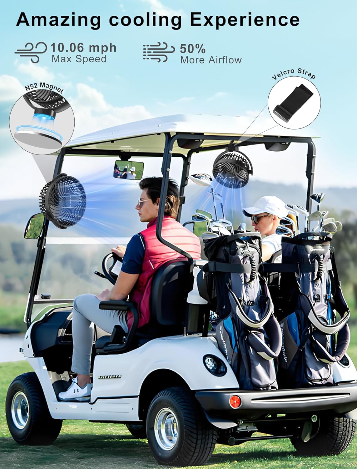 2-Pack Magnetic Golf Cart Fan - 12000mAh Rechargeable Portable Fan with Magnetic Base, 360° Rotation & LED Light for EZGO Club Car Yamaha, Cruise Ships - Includes Carrying Case