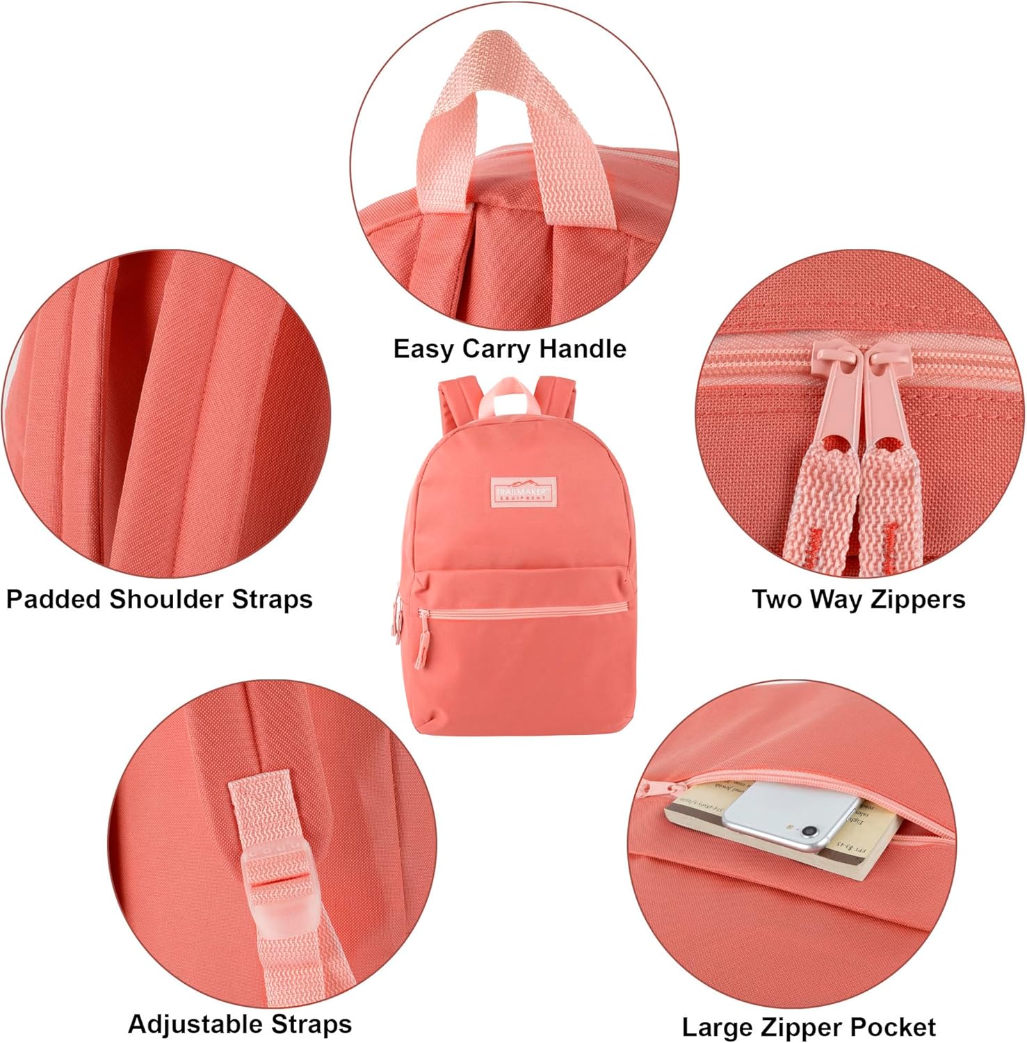 Trail maker Classic 17 Inch School Backpack with Adjustable Padded Straps - Lightweight & Durable Bookbag for Kids, Girls & Boys (Coral)