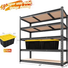 reibii 48" w x 72" h heavy duty garage shelving - 5-tier industrial metal storage shelf, 3020 lbs capacity, adjustable for garage, basement, warehouse, commercial use