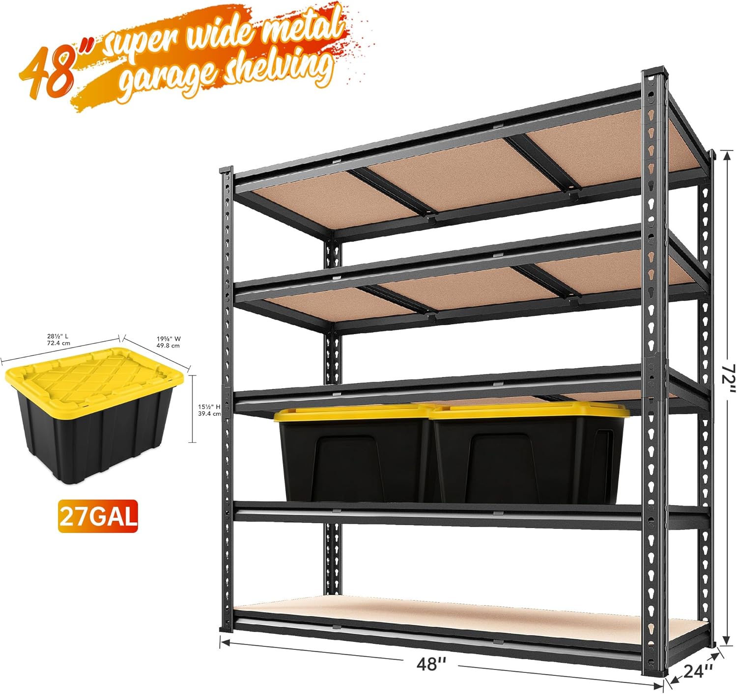 reibii 48" w x 72" h heavy duty garage shelving - 5-tier industrial metal storage shelf, 3020 lbs capacity, adjustable for garage, basement, warehouse, commercial use