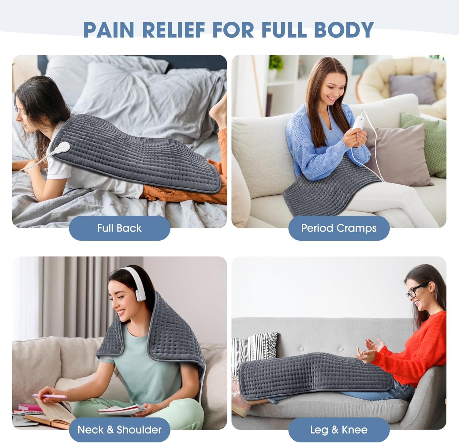 FluffyWarmth XXL Electric Heating Pad - 17"x33" Full Body Pain Relief for Back, Neck, Shoulder, Menstrual Cramps - 6 Heat Settings, 4 Timer Options, Ultra Soft Fleece