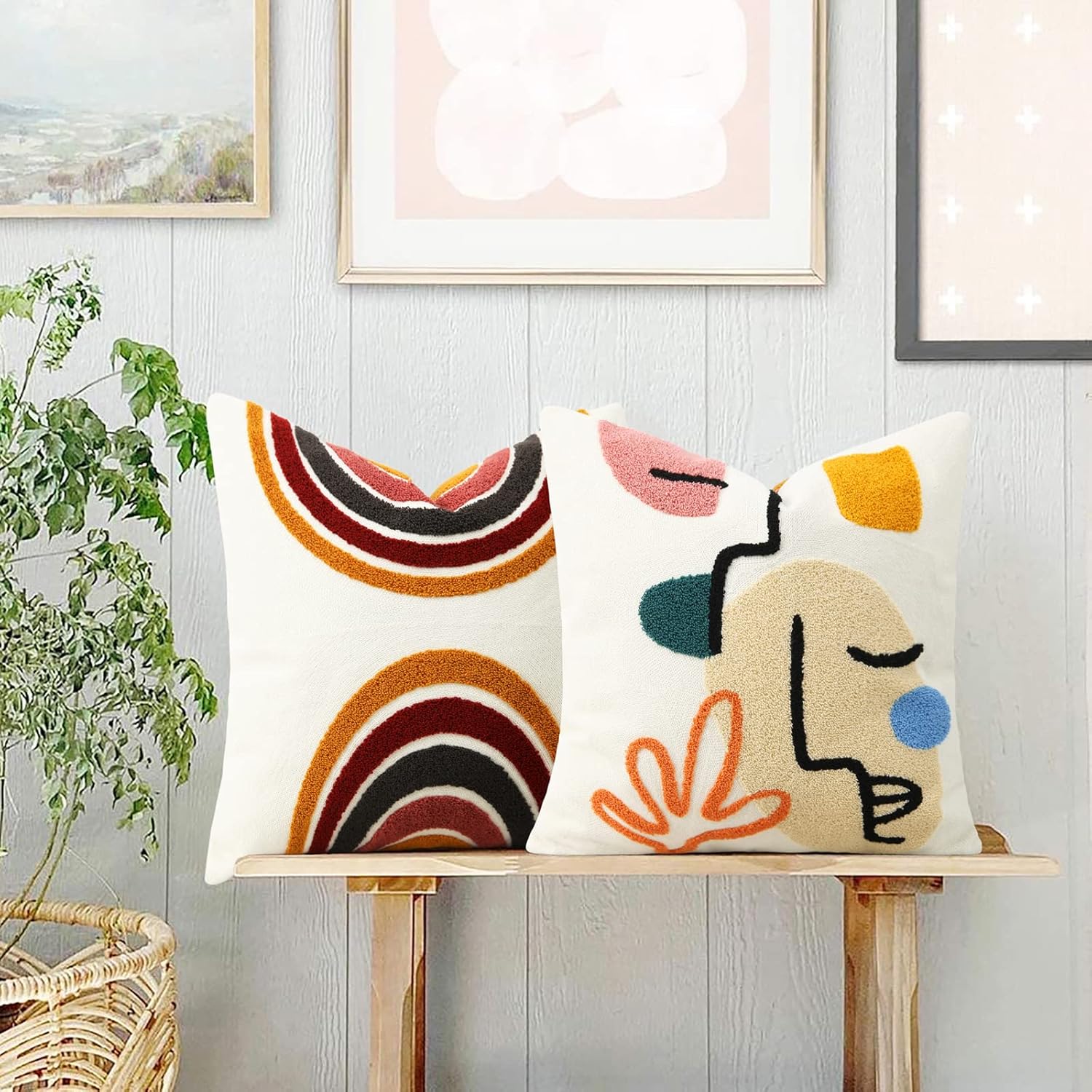 Merrycolor Boho Abstract Pillow Cover - Colorful Woman Face Line Art Decorative Throw Pillow Case, 18x18 Inch Mid Century Modern Bohemian Style for Couch Bed Living Room