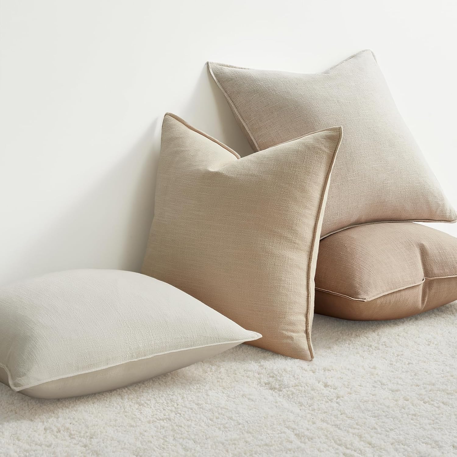 Natural Linen Blend Decorative Throw Pillow Covers - 4 Pack 20x20 inch Solid Color Cushion Cases with Flange Edge for Sofa Bedroom Living Room Farmhouse Home Decor