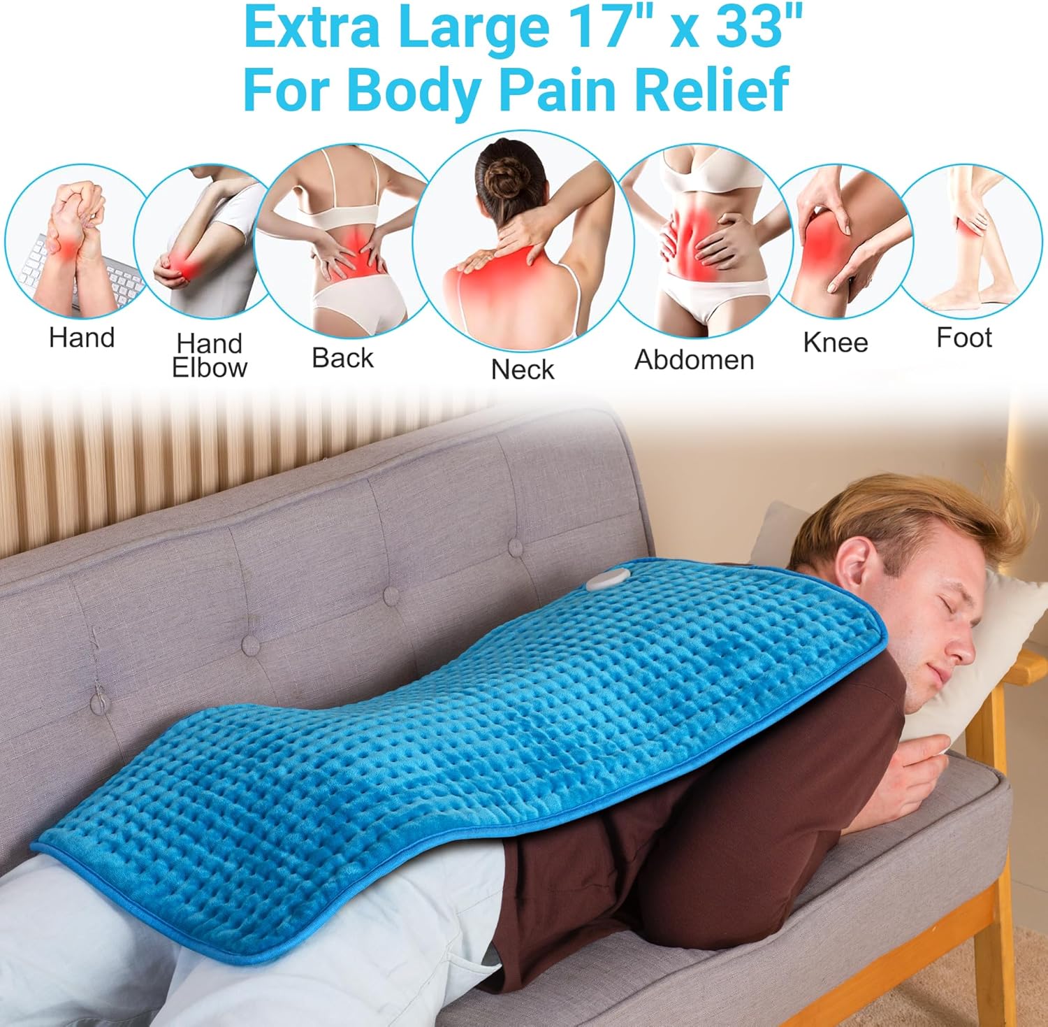 Boileau XL Electric Heating Pad - 17"x33" Extra Large Heat Pad for Back Pain, Period Cramps & Muscle Relief, 3 Temperature Settings, Auto Shut Off, Machine Washable Fleece, Perfect Gift for Women & Mom, Blue