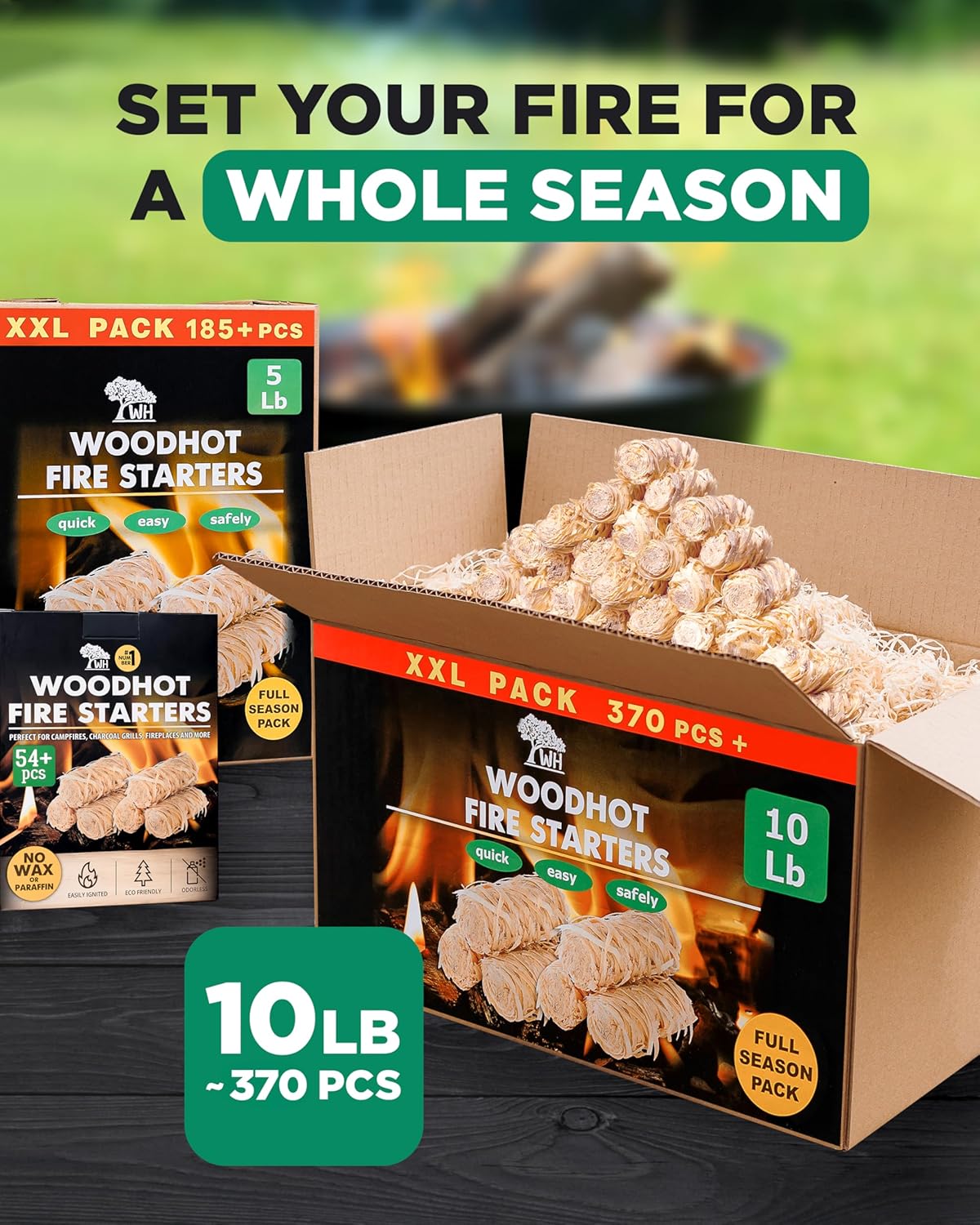 370-Piece Natural Wood Fire Starters - 10lb Box - Long-Burning, Odorless Firestarters for Fireplace, Wood Stove, Chimney, Campfire & Grill