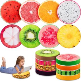 8-Pack 15-Inch Round Fruit Floor Cushions - 3D Plush Soft Seat Pillows for Classroom, Office & Home Decor - Orange Watermelon Pineapple Printed