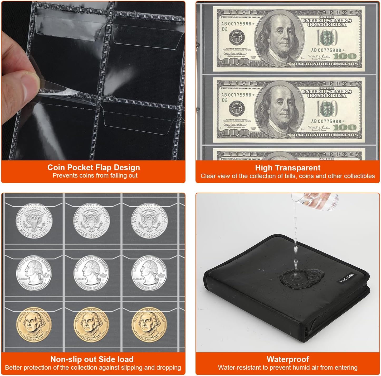 Premium Fireproof Coin Collection Album - 520 Pocket Coin Binder with 36 Bill Sleeves for Numismatists | Acid-Free Storage for Pennies, Quarters, Dollars & Currency