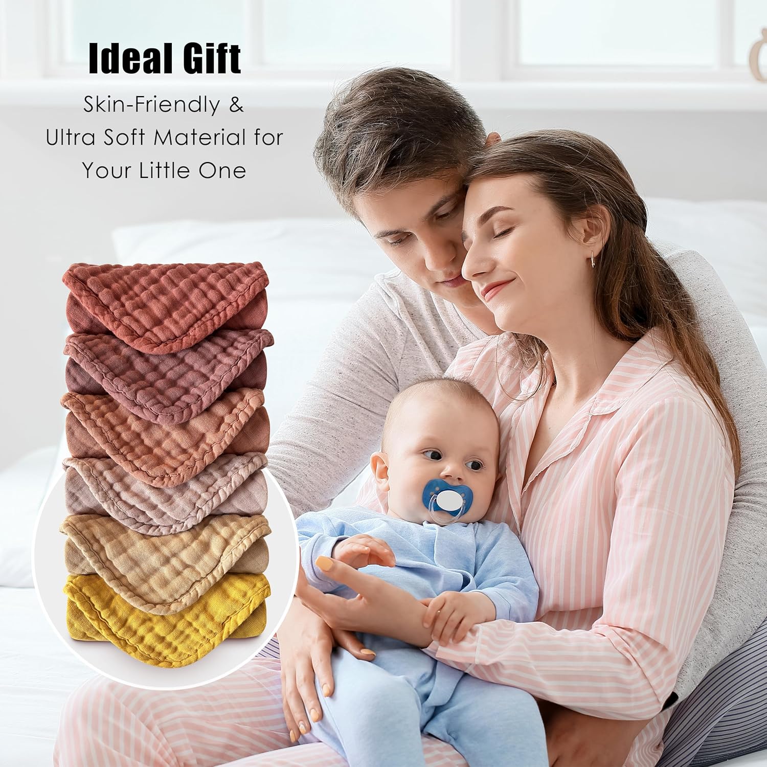 MOON PARK Premium Muslin Baby Washcloths - 12 Pack 12x12 Inch Cotton Burp Cloths Set for Newborns, Infants & Toddlers - Soft Multi-Use Washcloths (Brown/Honey/Bean Paste)
