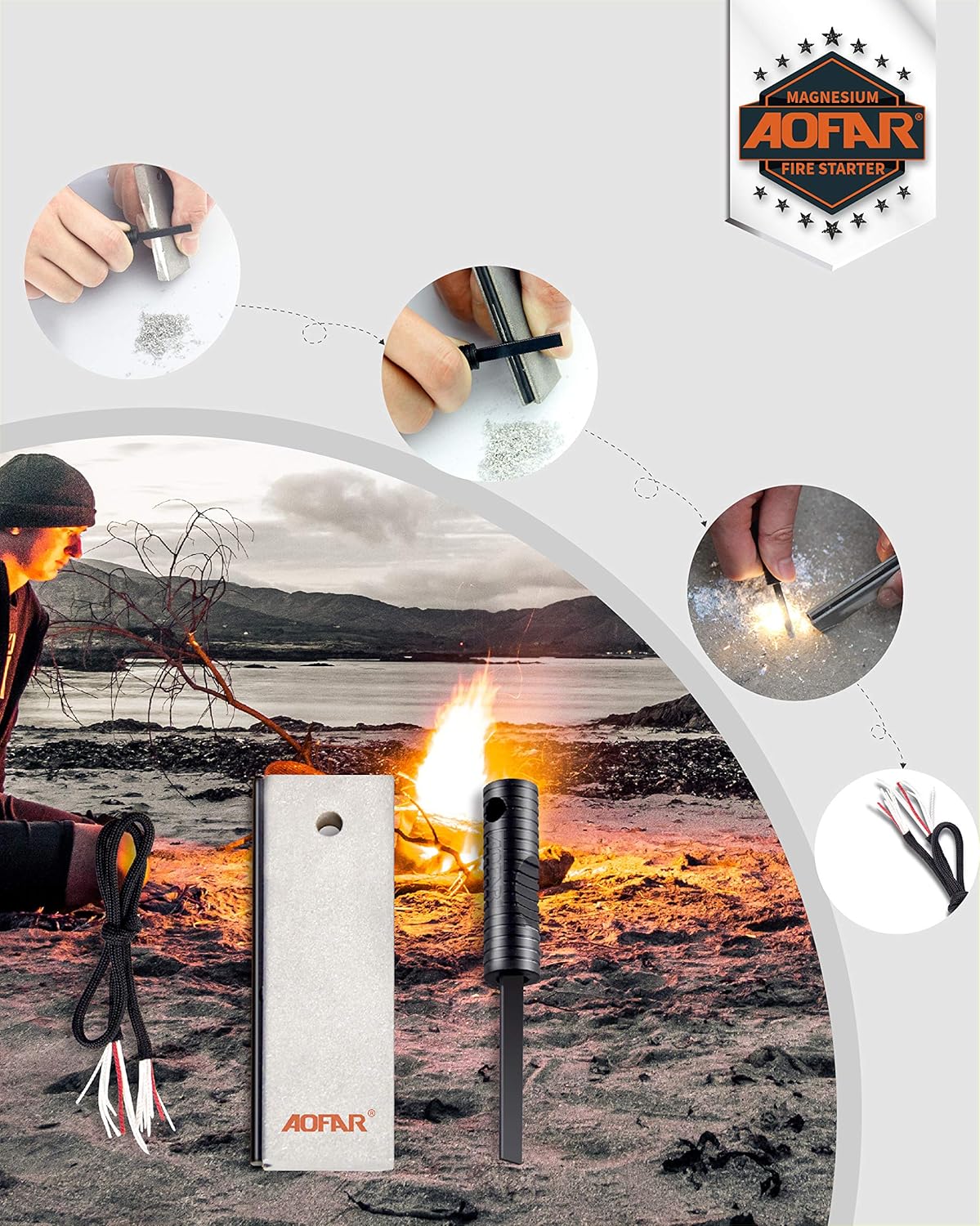 AOFAR 2-Pack Magnesium Fire Starter Kit - Waterproof Survival Fire Steel Rod with Paracord & Waxed Tinder for Camping, Hiking & Emergency