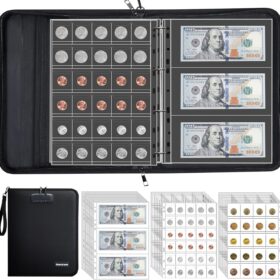 Premium Fireproof Coin Collection Album - 400 Coin Pockets & 36 Bill Sleeves with Password Lock, Water-Resistant Collector Binder for Coins, Bills, Tokens & Stamps