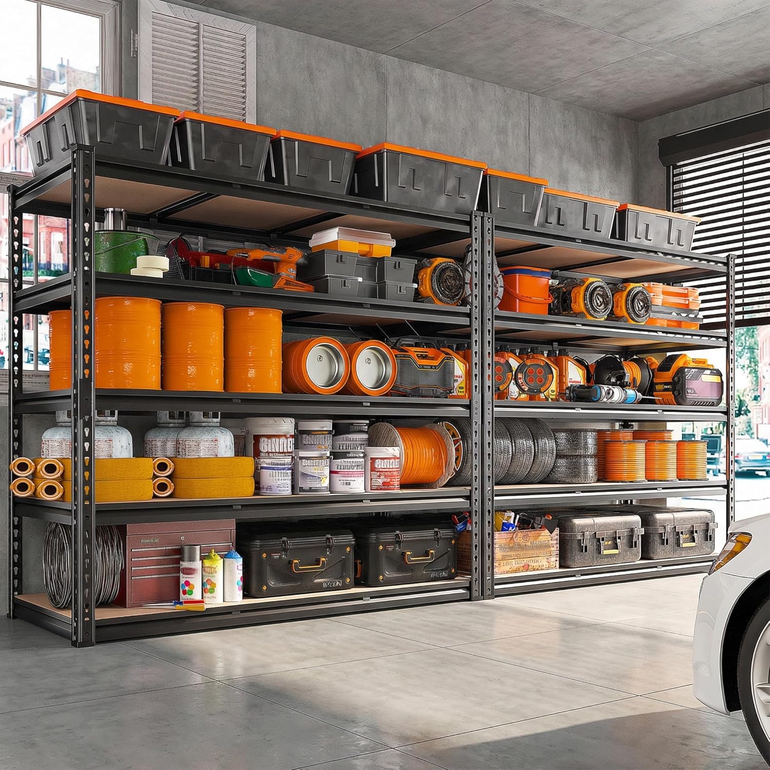 reibii 48" w x 72" h heavy duty garage shelving - 5-tier industrial metal storage shelf, 3020 lbs capacity, adjustable for garage, basement, warehouse, commercial use