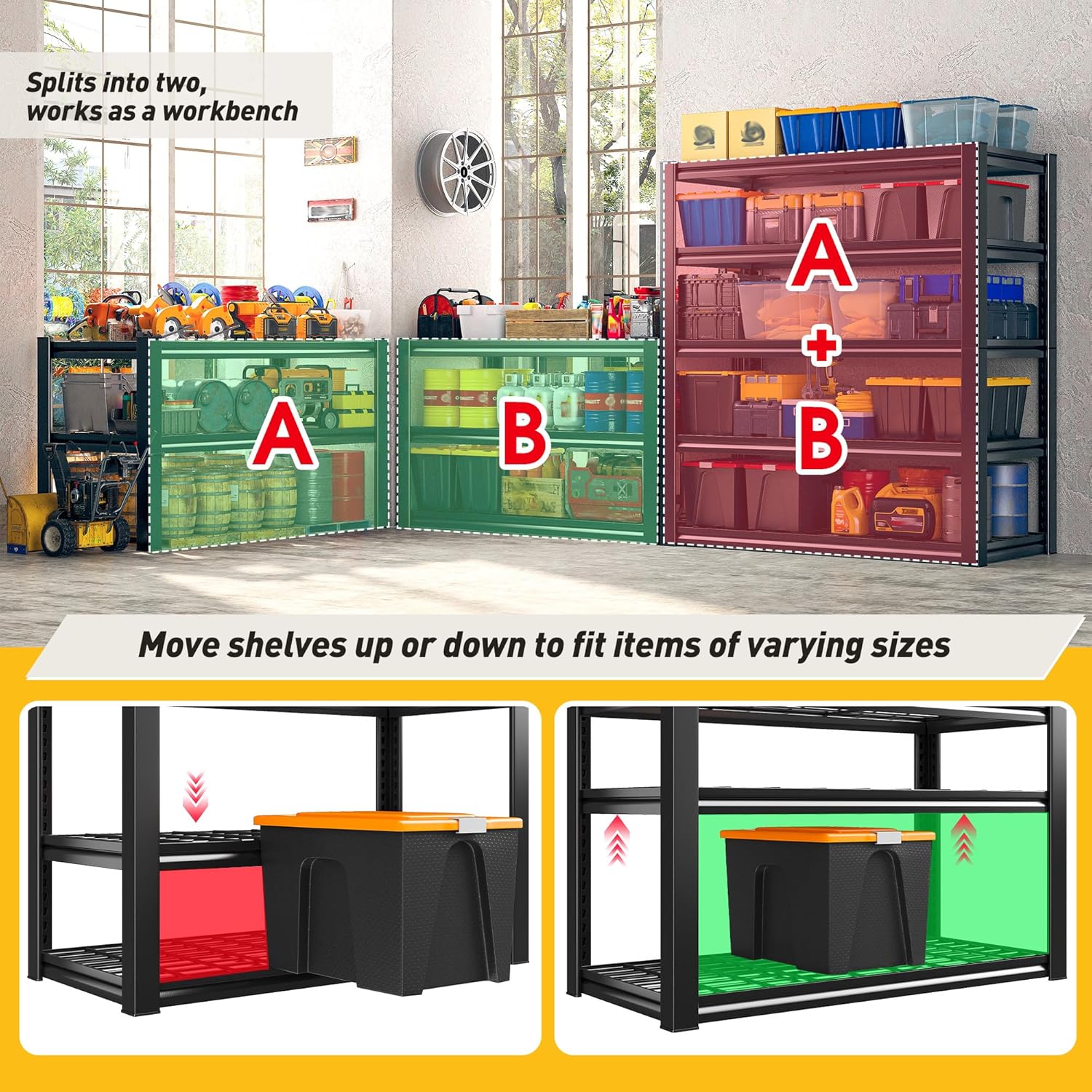 REIBII Heavy Duty Garage Shelving - 5-Tier Industrial Metal Storage Rack 3200LB Capacity, Adjustable 36" x 16" x 72" for Garage, Warehouse, Basement, Pantry, Commercial Use