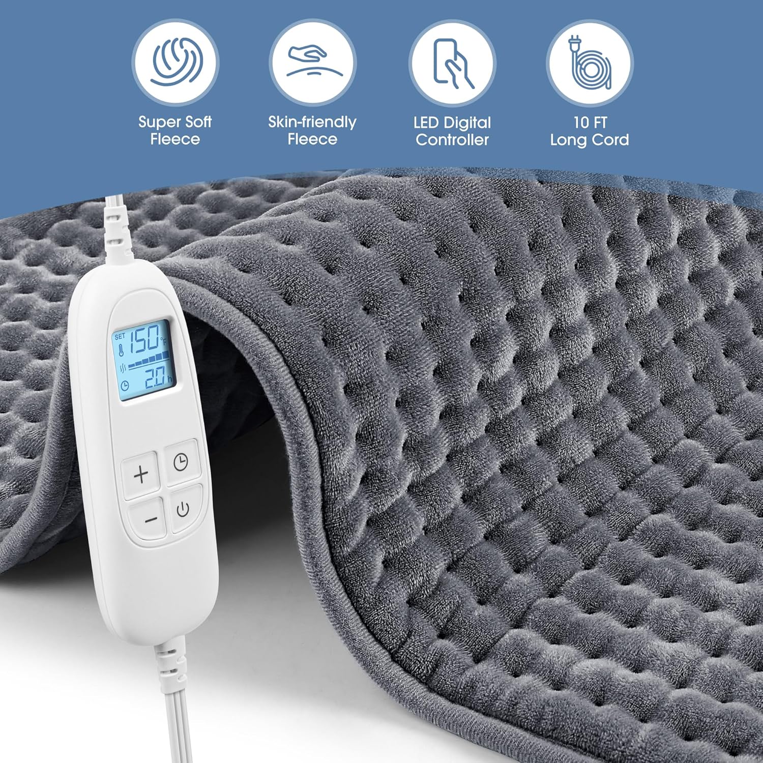 FluffyWarmth XXL Electric Heating Pad - 17"x33" Full Body Pain Relief for Back, Neck, Shoulder, Menstrual Cramps - 6 Heat Settings, 4 Timer Options, Ultra Soft Fleece
