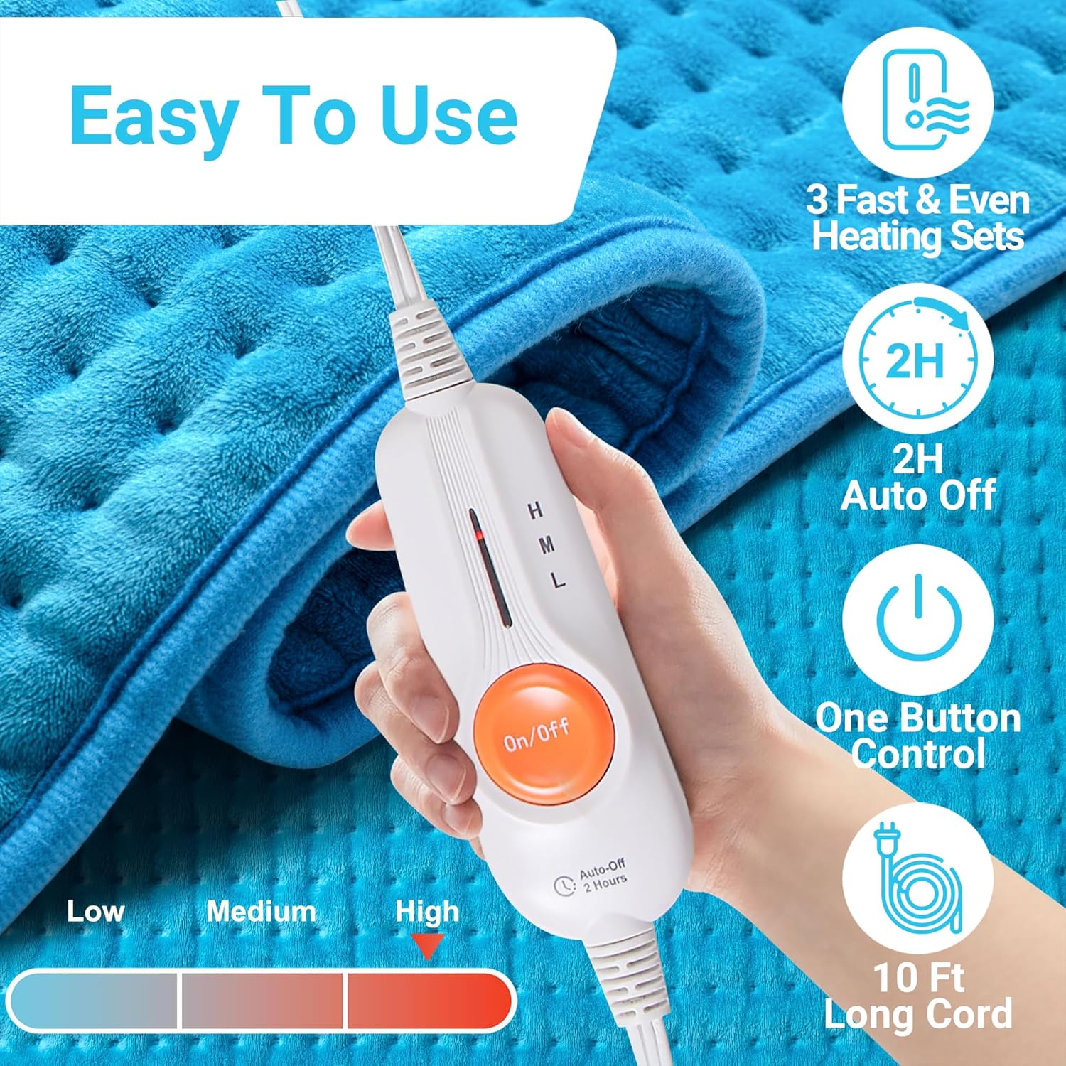 Boileau XL Electric Heating Pad - 17"x33" Extra Large Heat Pad for Back Pain, Period Cramps & Muscle Relief, 3 Temperature Settings, Auto Shut Off, Machine Washable Fleece, Perfect Gift for Women & Mom, Blue